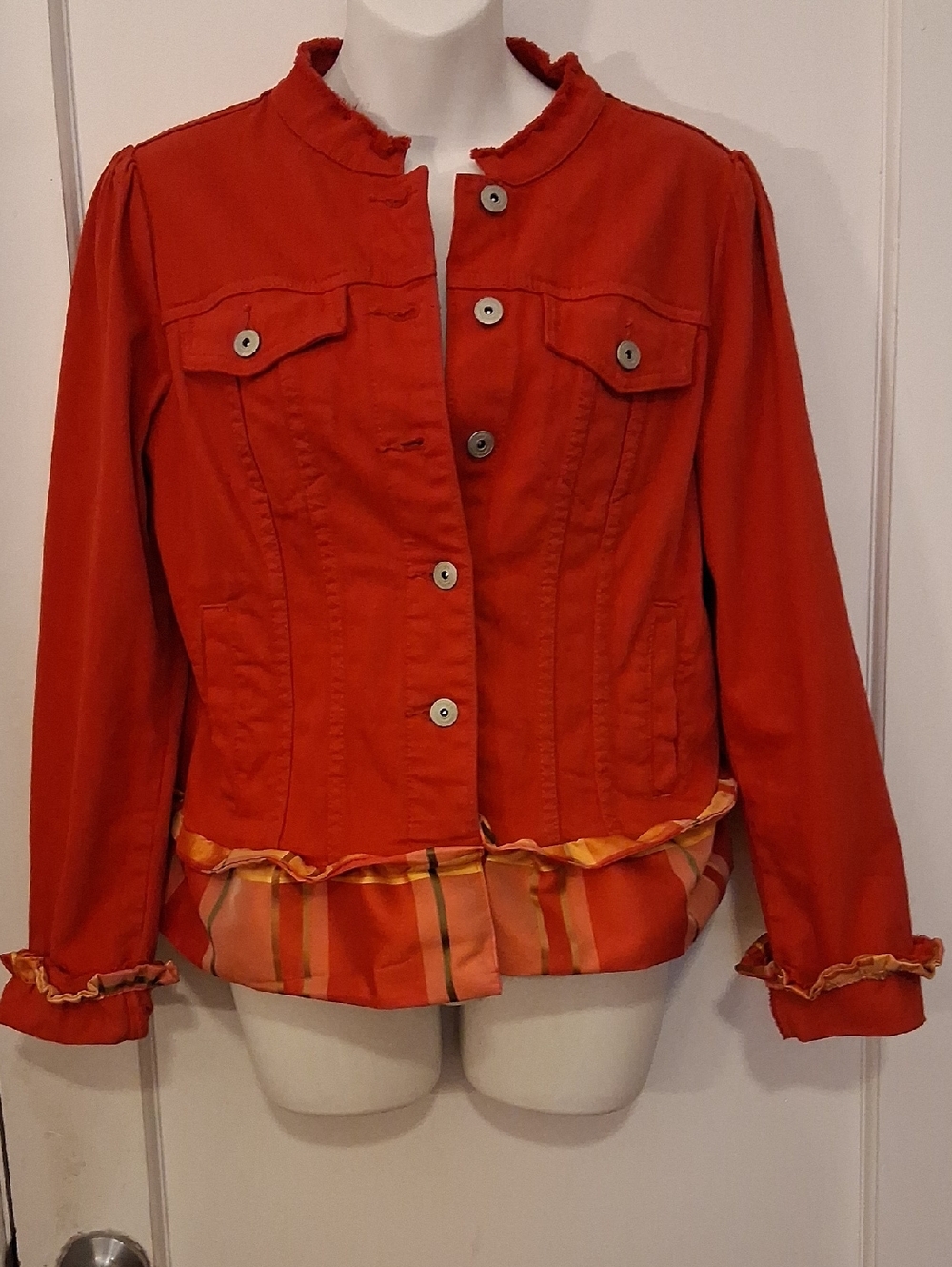 INC International Concepts Red Jean Jacket With Added Shantung Silk Ruffle M